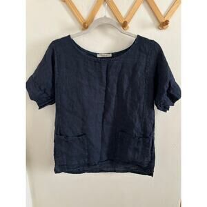 Francesca Bettini Top Women's Small Navy 100% Linen Tunic Blouse Made in Italy